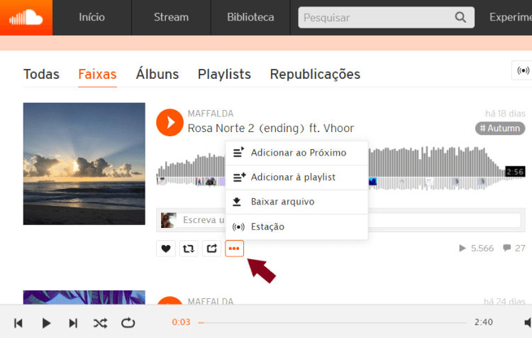 Screenshot da tela do SoundCloud.