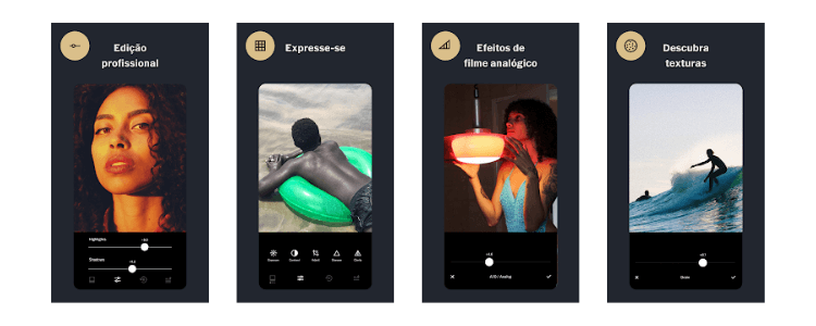 Imagens do aplicativo VSCO mostrando suas funcionalidades.