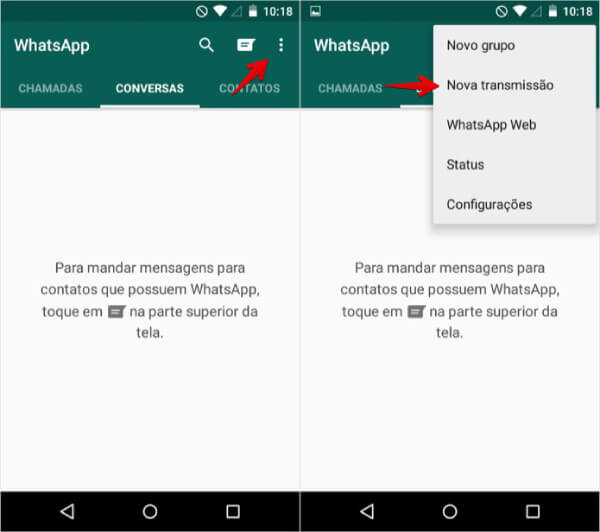 Telas do WhatsApp Business demonstrando como criar listas de transmissão no aplicativo.