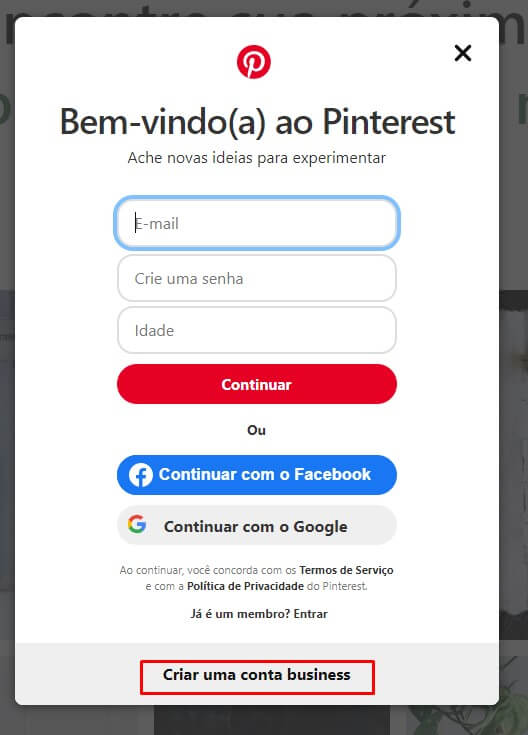 Imagem da tela de login do Pinterest, com botão para criar conta business destacado.