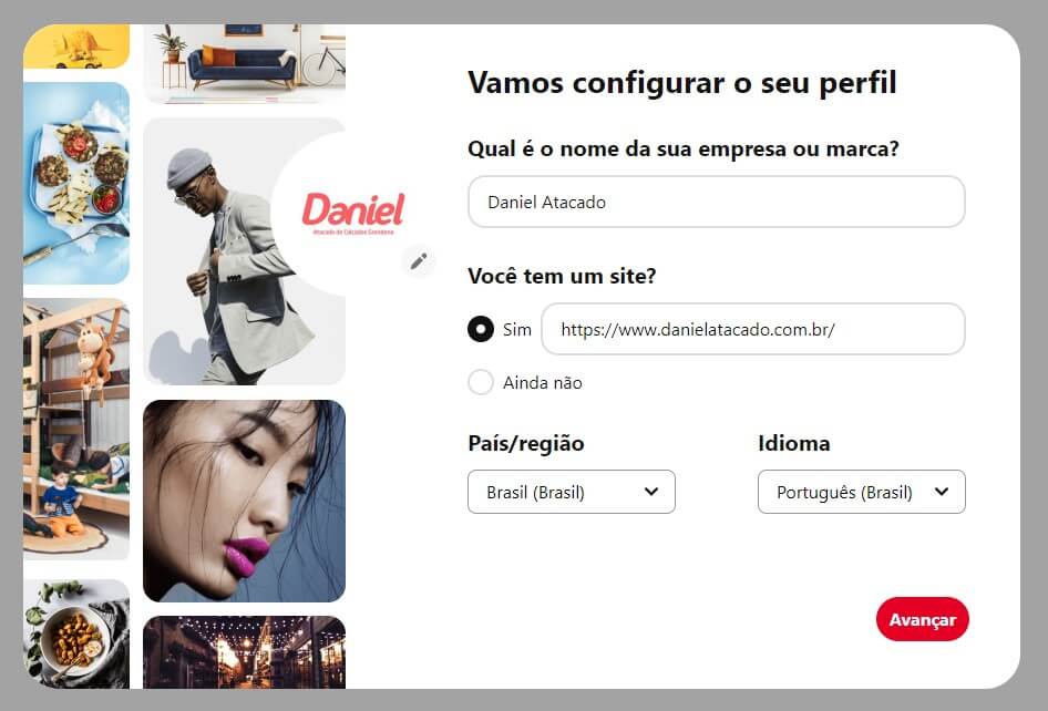 Página para inserir informações sobre a conta empresarial no Pinterest.