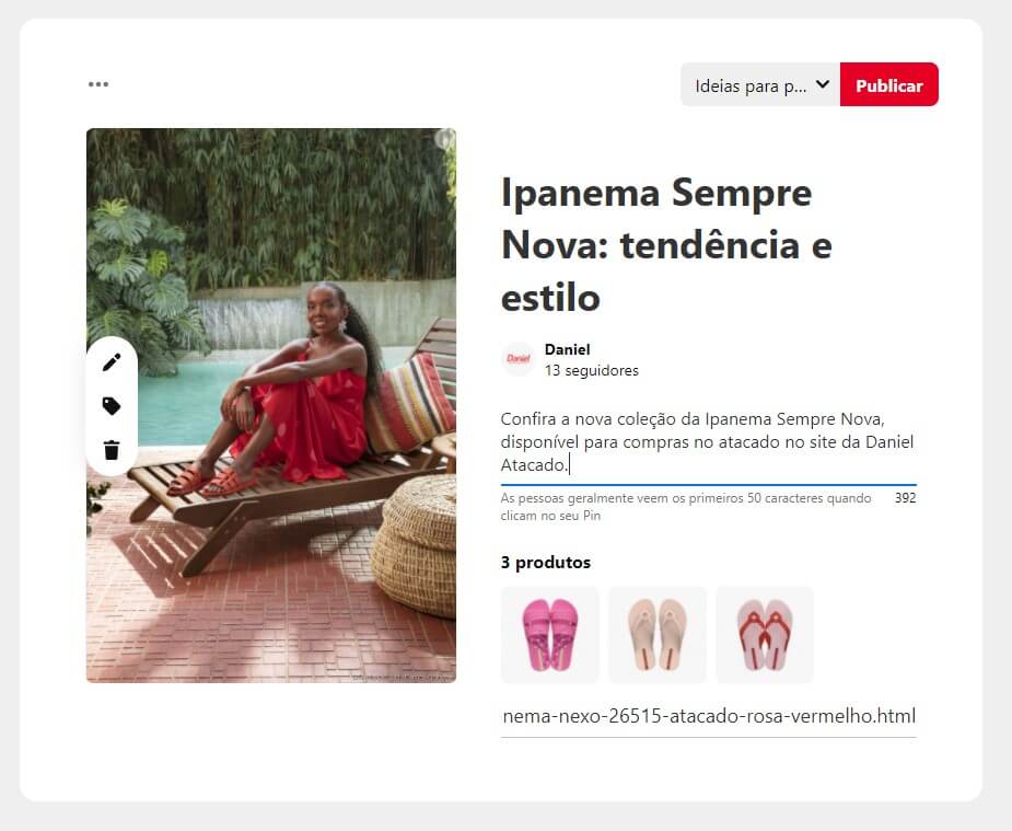 Imagem de um pin sendo criado com o shop the look.