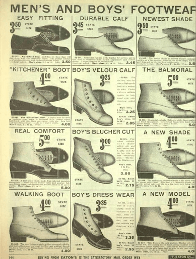 Modelos de botas divulgados em um catálogo de moda masculino de 1916.